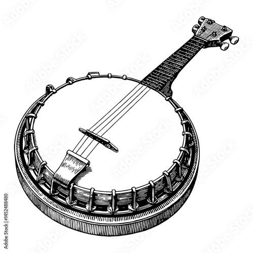 Detailed Banjo Instrument Illustration Black and White Outline Line Art Drawing of Traditional Music