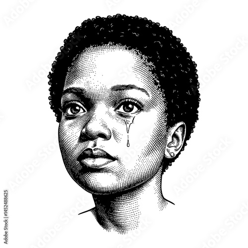 African Girl with Flat Face and Tears in Black and White Outline Line Art Drawing Portrait