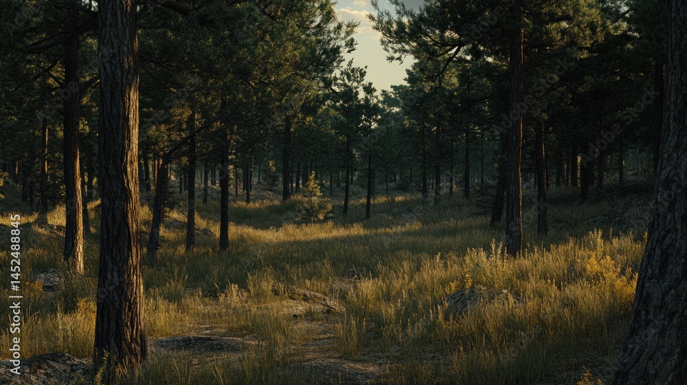 Fototapeta premium Serene Sunset in a Pine Forest: A Tranquil Nature Scene