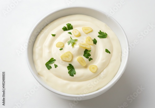 Wallpaper Mural A white bowl filled with creamy sauce topped with garlic and parsley on a white background dish close up Torontodigital.ca