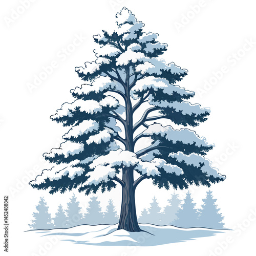 Create a bold, vector illustration of a pine tree with thick, dark strokes.  Include detailed needles and a textured trunk.