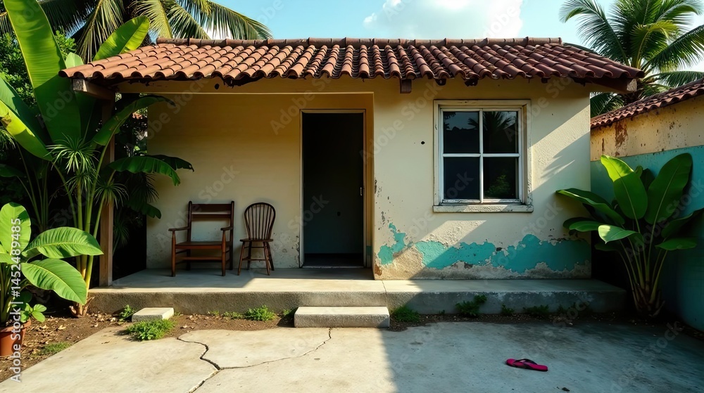 Obraz premium A rustic tropical dwelling with weathered facade, inviting porch, and simple wooden chairs, bathed in sunlight beside lush tropical plants