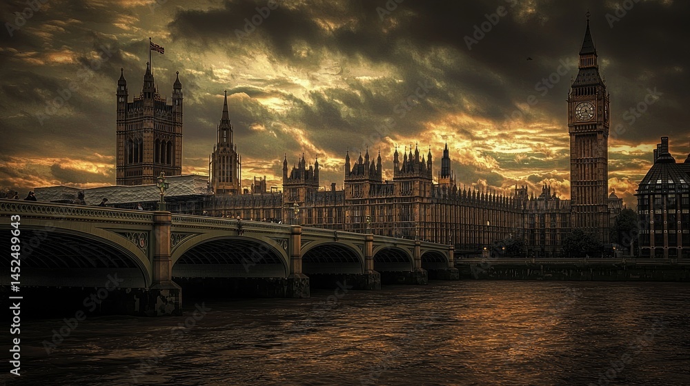Naklejka premium Dramatic sunset over London's Houses of Parliament.