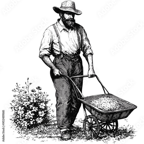 Farmer with a wheelbarrow, vintage woodcut engraving, old sketch style, black and white hand drawn illustration, rustic agriculture artwork, farming man line art, rural scene,