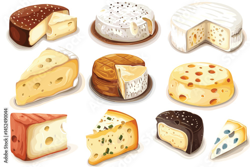 Cheese types. Cartoon cutted parmesan, brie triangle, mozzarella, gouda cheddar and feta slices. Tasty dairy food product. Cheese vector set, parmesan and cheddar illustration design