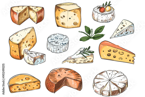 Cheese types. Cartoon cutted parmesan, brie triangle, mozzarella, gouda cheddar and feta slices. Tasty dairy food product. Cheese vector set, parmesan and cheddar illustration design
