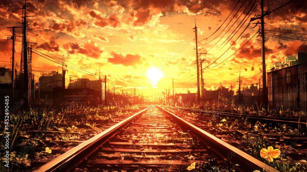 Fototapeta premium Sunrise over deserted train tracks in a post-apocalyptic cityscape