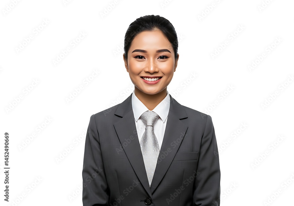 Portrait of a smiling woman in a gray suit with a white background looking at the viewer directly Portrait of a smiling woman in a gray suit with a white background looking at the viewer directly