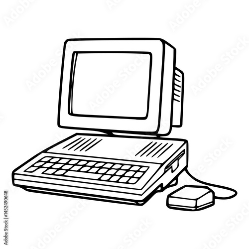 classic PC with monitor, keyboard, and mouse line art