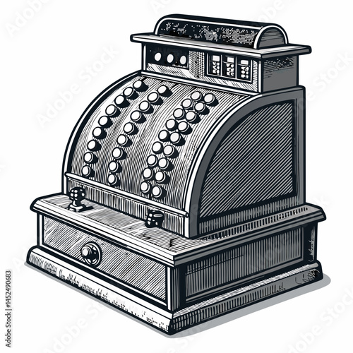 Create a vector illustration of a retro cash register with a bold, black stroke.  Focus on clean lines and strong geometric shapes.