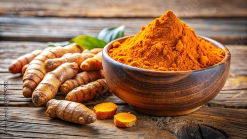 Fresh turmeric roots and turmeric powder in a wooden bowl