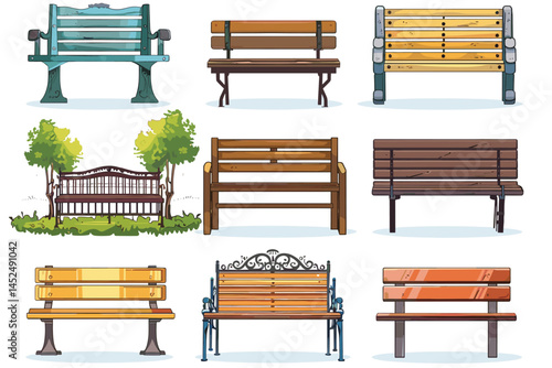 Cartoon bench. Wooden park benches, comfortable public garden seats and outdoor furniture vector illustration set. Wooden exterior elements for relaxation in city isolated on white