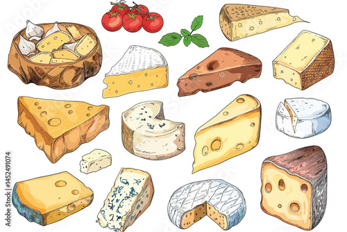 Cheese types. Cartoon cutted parmesan, brie triangle, mozzarella, gouda cheddar and feta slices. Tasty dairy food product. Cheese vector set, parmesan and cheddar illustration design