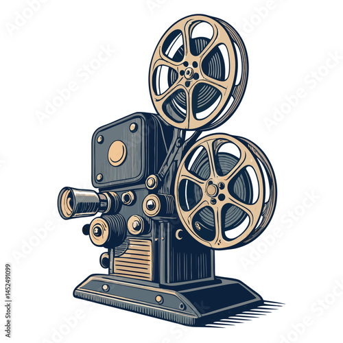 Create a bold, vector illustration of a retro movie projector, emphasizing thick outlines and vibrant colors.  Style should be vintage and eye-catching.