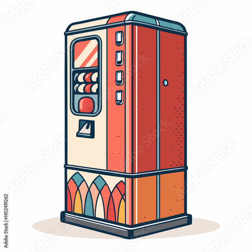 Create a bold, vector illustration of a retro soda vending machine with strong outlines and vibrant colors, suitable for print and web use.