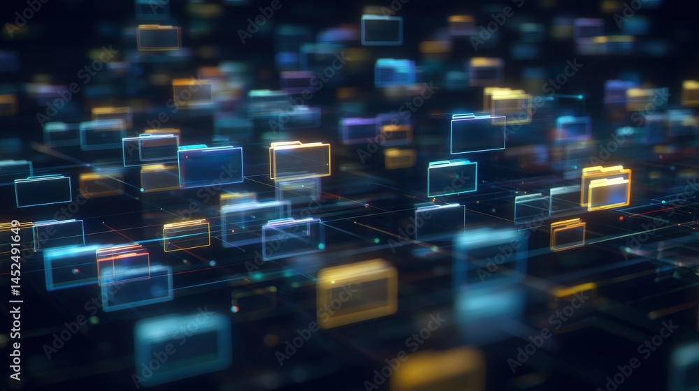Fototapeta premium Abstract network grid with files and folders, futuristic software interface, digital document management system, store, search and organize documents, corporate business, paperless office, 