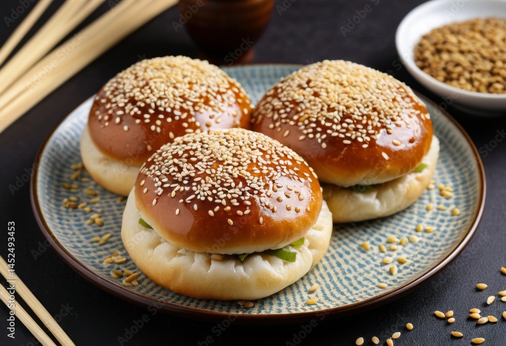 A plate with three small sandwiches with sesame seeds A plate with three small sandwiches with sesame seeds