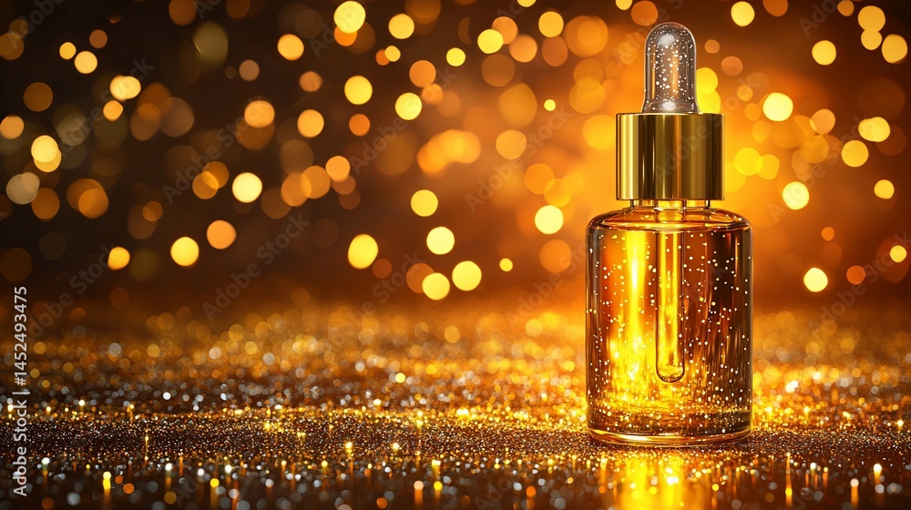 Golden serum dropper bottle on a glittering background Golden serum dropper bottle on a glittering background
