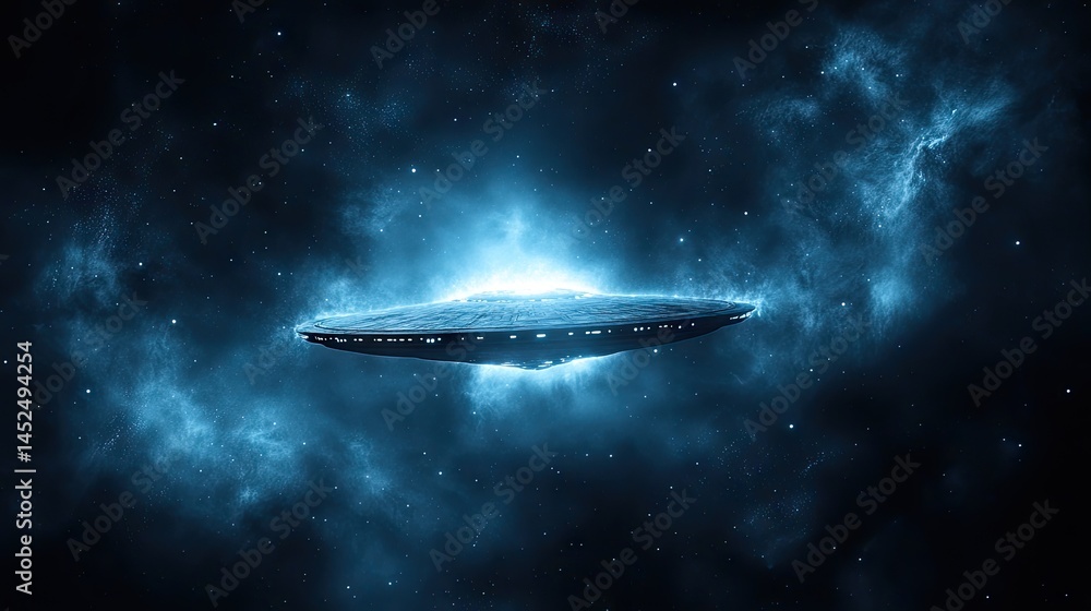 Obraz premium UFO hovers, glowing amidst the cosmic nebula's dark, stellar hues. Illuminated with blue light