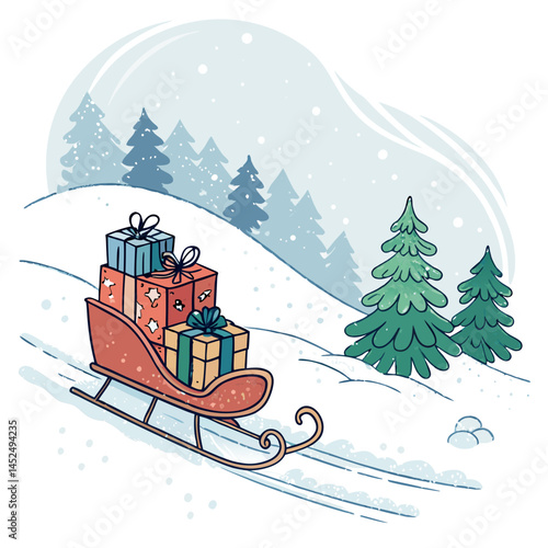 Create a bold, vector illustration of a sleigh ride with a cheerful family, emphasizing strong outlines and vibrant colors.