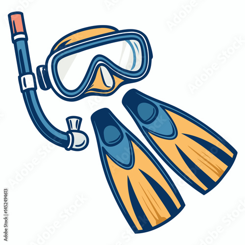 Create a bold, vector illustration of a snorkel mask and fins, suitable for a travel brochure.  Focus on clean lines and strong contrast.