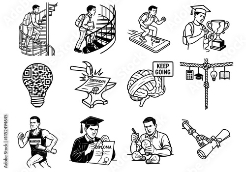 active learning motivation dynamic concept. Illustration of perseverance and achievement through various activities.