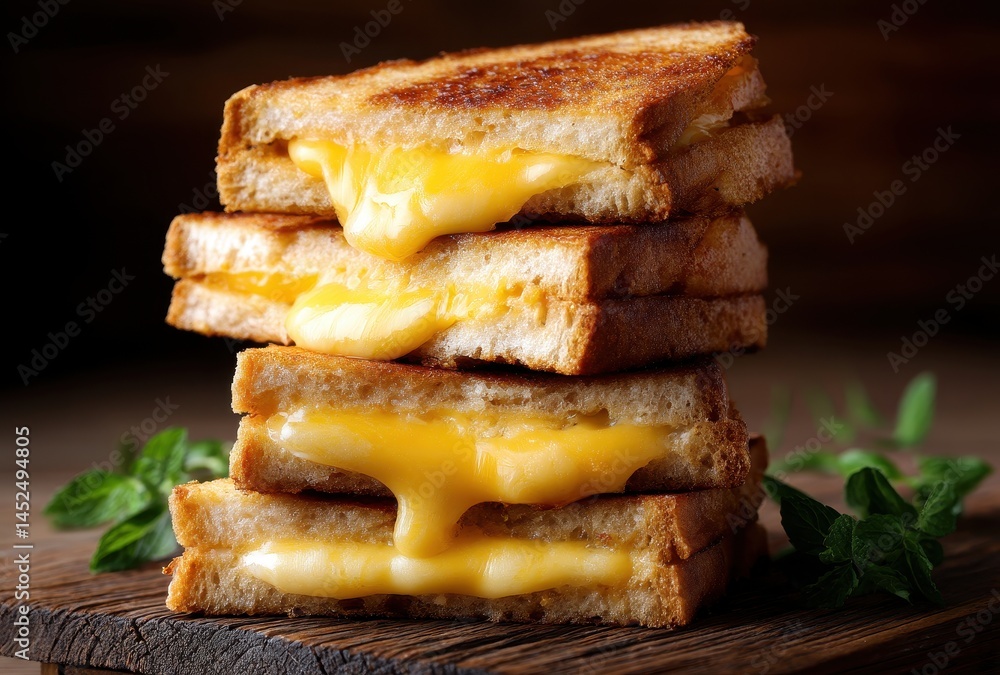 Deliciously Melted Cheese Sandwich Stacked High On A Wooden Board With Fresh Mint Leaves And A Rustic Background Perfect For Food Photography Deliciously Melted Cheese Sandwich Stacked High On A Wooden Board With Fresh Mint Leaves And A Rustic Background Perfect For Food Photography