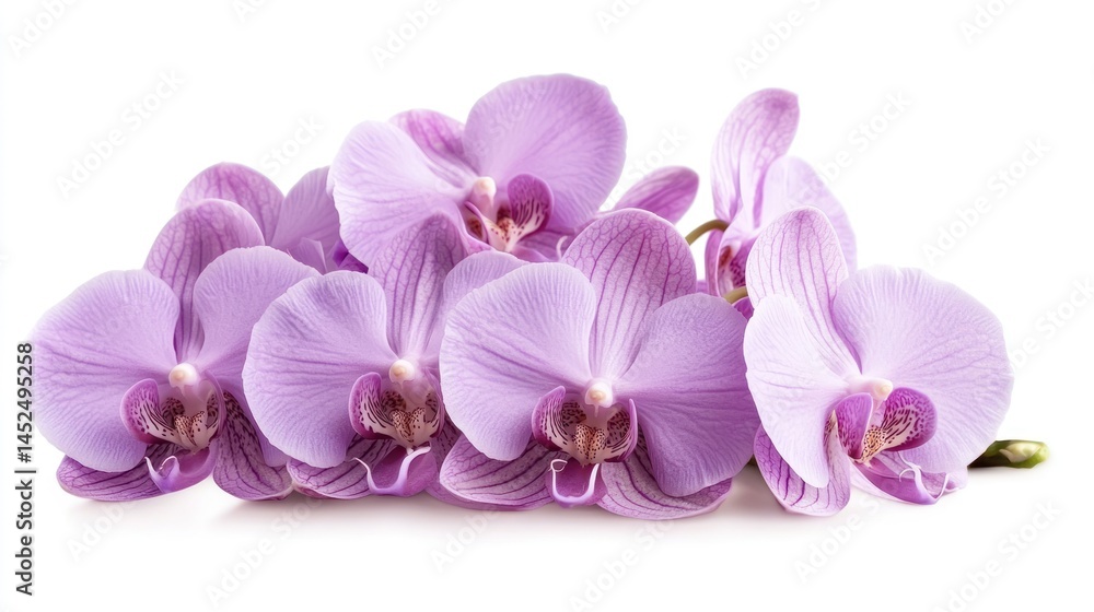 Obraz premium Light purple orchids grouped together in an elegant bunch on a white background.