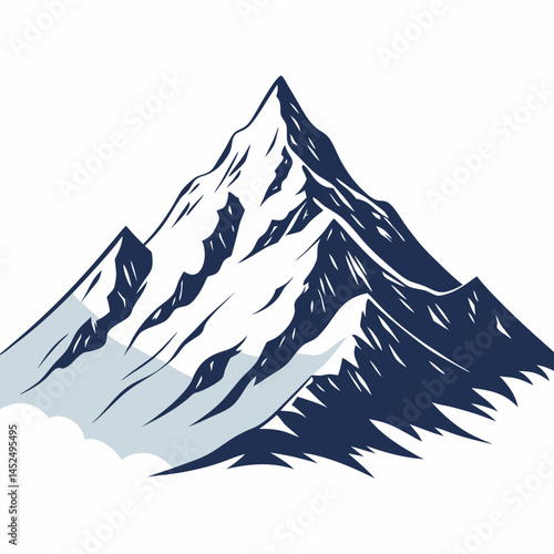 Create a bold, vector illustration of a snow-capped mountain peak, emphasizing strong, thick outlines and clean lines.  Include sharp detail and a sense of height and majesty.