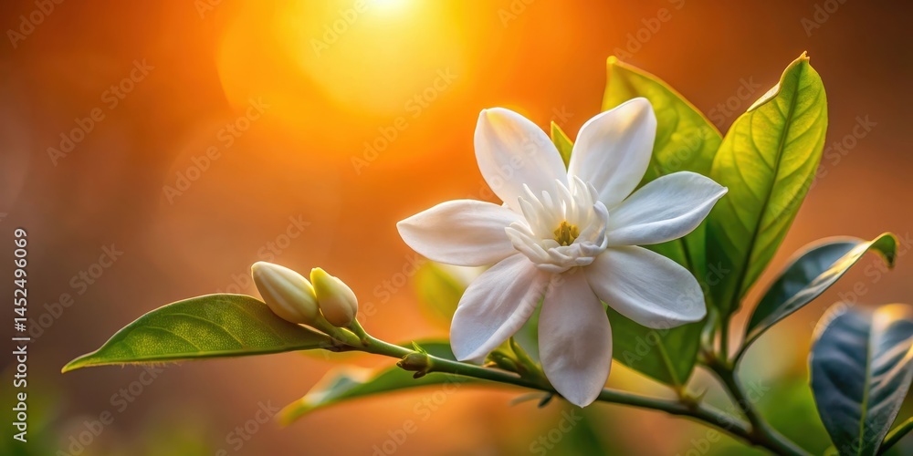 A dark blooming jasmine flower unfolding its white petals at dusk against a warm orange background , Dark Blooms, Soft Petals A dark blooming jasmine flower unfolding its white petals at dusk against a warm orange background , Dark Blooms, Soft Petals