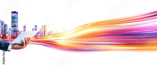 Entrepreneur analyzing financial report in urban landscape digital environment business growth strategic vision