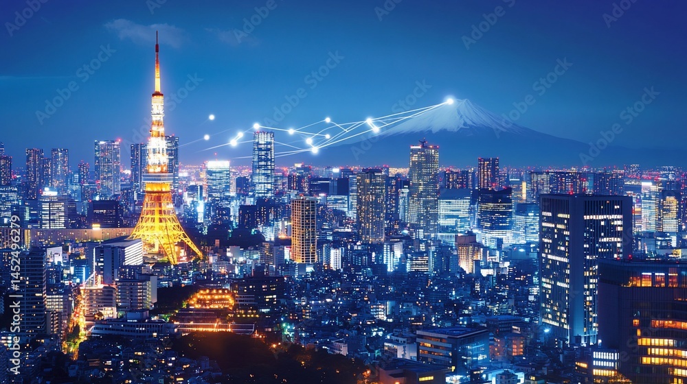 Obraz premium Illuminated cityscape at night with futuristic network connections.