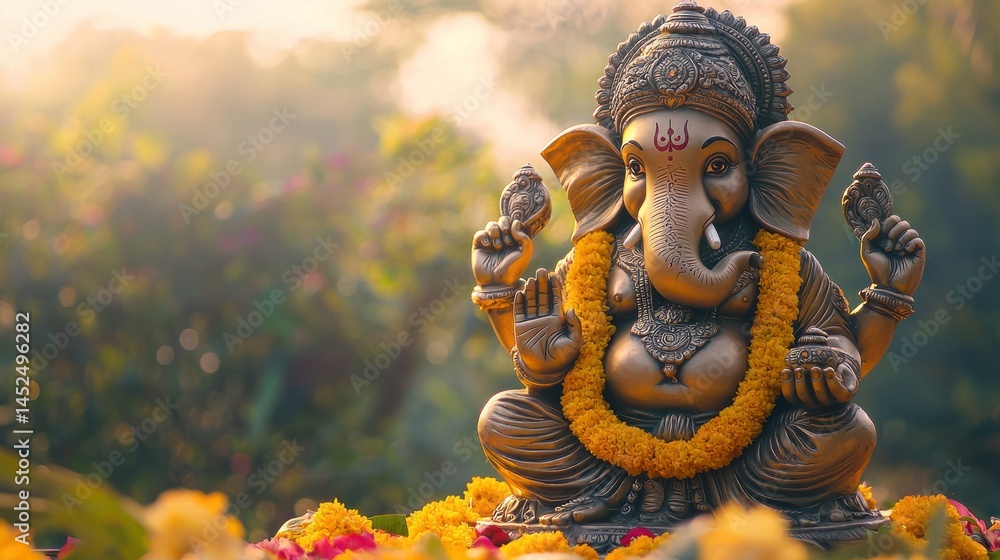 Fototapeta premium Lord Ganesha riding a mouse with a flower garland.