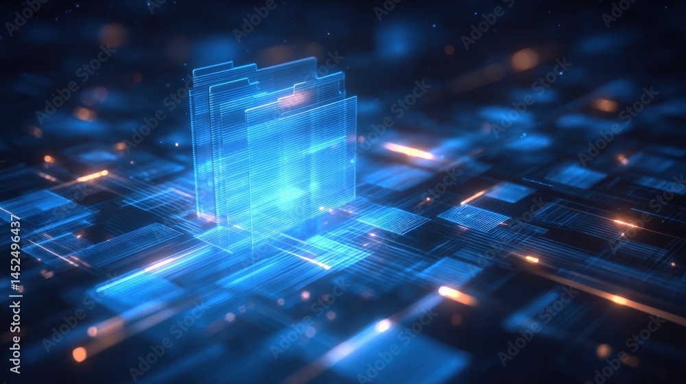 Abstract network grid with files and folders, futuristic software interface, digital document management system, store, search and organize documents, corporate business, paperless office,