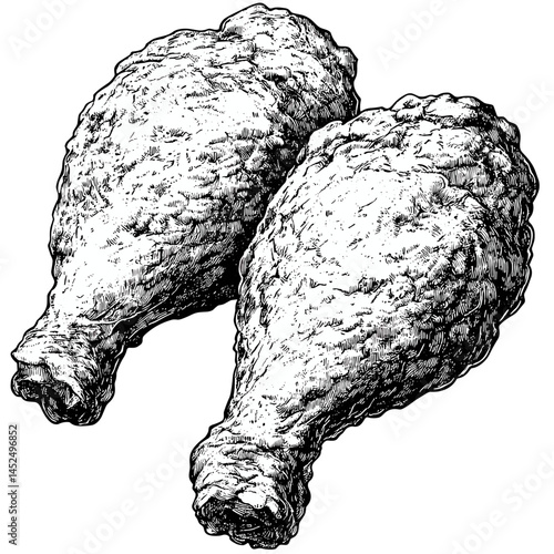Vintage fried chicken, wood block print, black sketch style, retro hand drawn food illustration, rustic engraving artwork, American cuisine graphic art, chicken leg art,