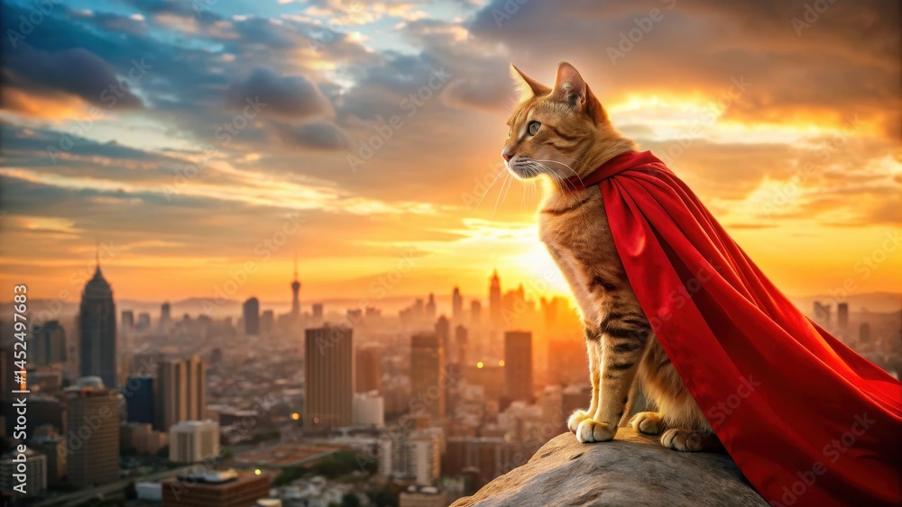 Fototapeta premium A majestic feline figure with vibrant orange and red fur, draped in a flowing cape