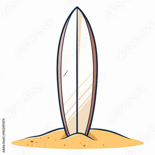 Create a vector illustration of a surfboard standing upright, featuring a bold, thick black outline stroke.  The design should be clean and easily scalable.