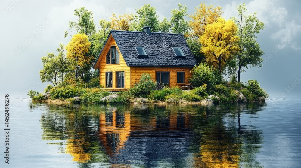 Fototapeta premium Serene lakeside cabin surrounded by vibrant autumn foliage reflecting in calm waters