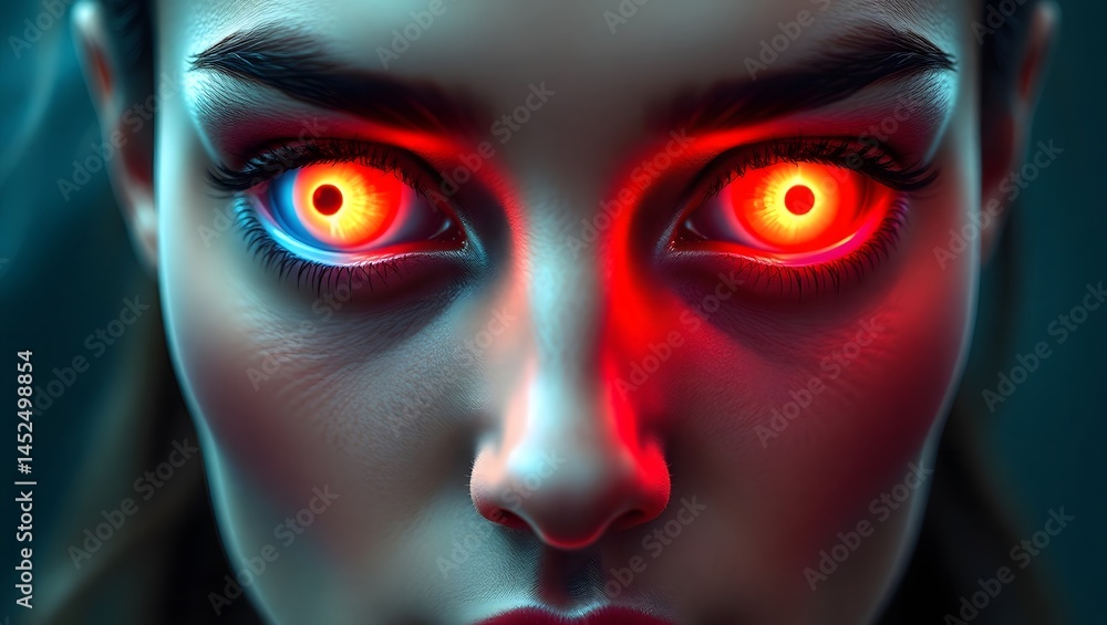 Woman's face with glowing red and blue eyes intense gaze close up. Woman's face with glowing red and blue eyes intense gaze close up.