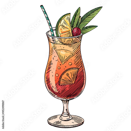 Create a bold, vector illustration of a tropical cocktail glass, emphasizing a thick, strong outline.  Include vibrant, realistic colors and details.