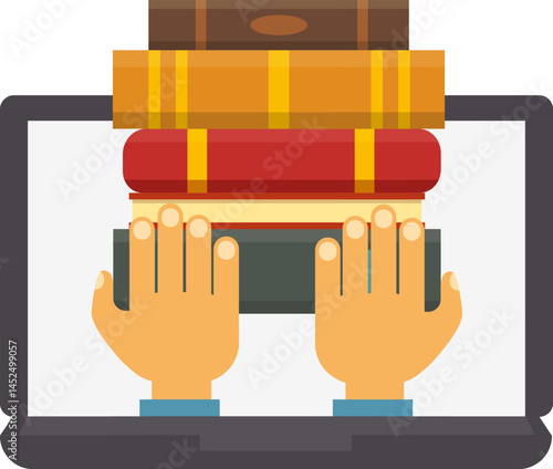 Hands taking books from laptop screen promoting online library services, ebook reader, digital bookstore, modern education and literature, easy access to knowledge