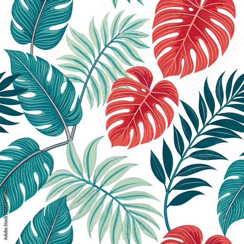 Create a bold, vector illustration of a tropical leaf pattern featuring hibiscus and monstera leaves with thick black outlines.