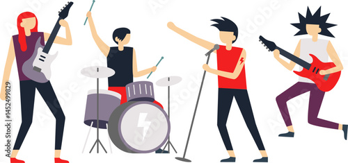 Musicians playing different instruments like electric guitar, drums and singing with microphone during a live rock concert, simple flat cartoon vector illustration isolated on white background