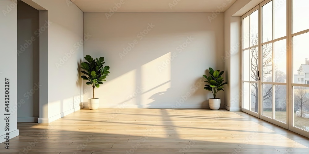 Fototapeta premium Sunlit Empty Room with Hardwood Floors and Potted Plants