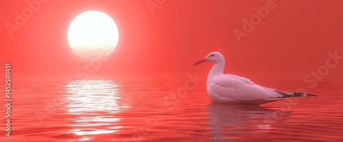 Serene bird floats in the red tinted ocean at sunset