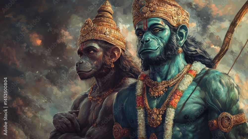 Obraz premium Lord Rama with his loyal companion, Hanuman.