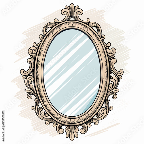 Create a bold, vector illustration of a vintage ornate mirror with a thick, black stroke.  Include detailed frame design.