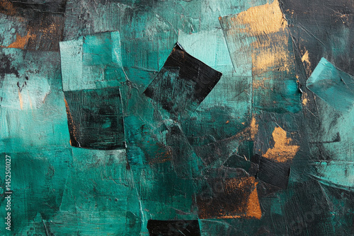 Abstract Teal Black Gold Acrylic Painting Texture,