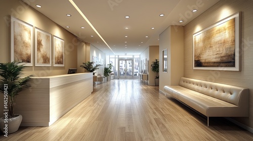 Bright hotel lobby interior with reception desk and waiting area
