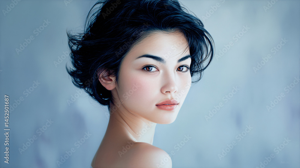 Naklejka premium Hyper-Realistic Portrait of an Elegant Japanese Woman in Soft Blue Tones